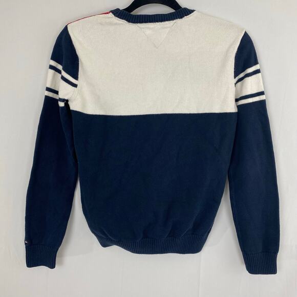 Tommy Hilfiger L (12-14) Navy Red Colorblock Sweater Logo Pullover Long Sleeve - Picture 3 of 10